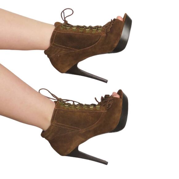 N.Y.L.A. Sabie Brown Suede Tassel Booties Peep Toe Lace Up Ankle Boots 7.5 Boho - Picture 2 of 10